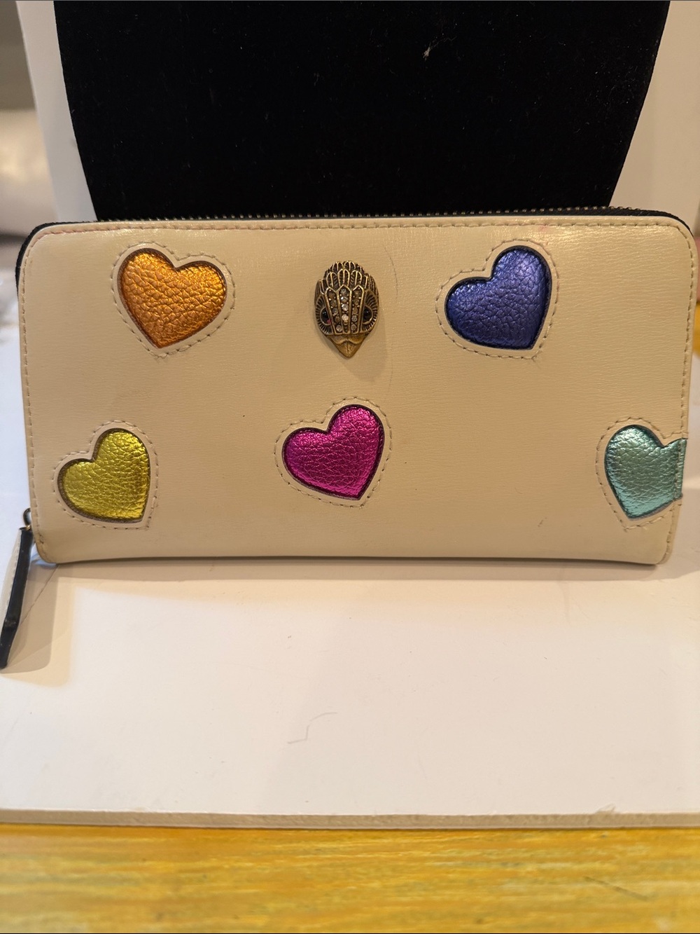 Kurt Geiger Cream Zip Wallet with Multicolor Heart Appliqués
